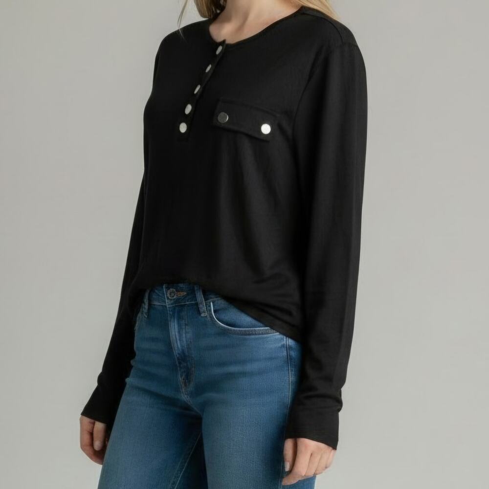 Cupshe Black Snap Neck Long Sleeve Casual Top Women's Size XL NWT